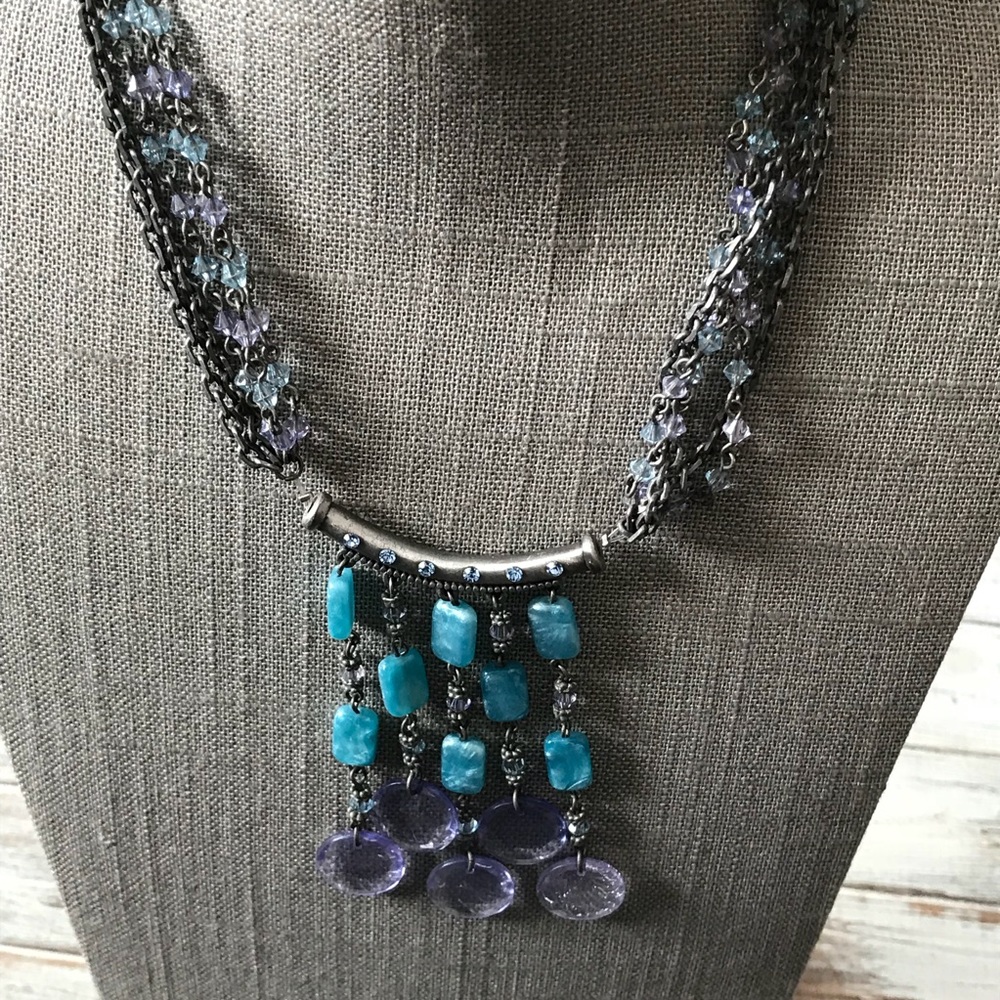 Blue and purple multistrand tassel necklace silver